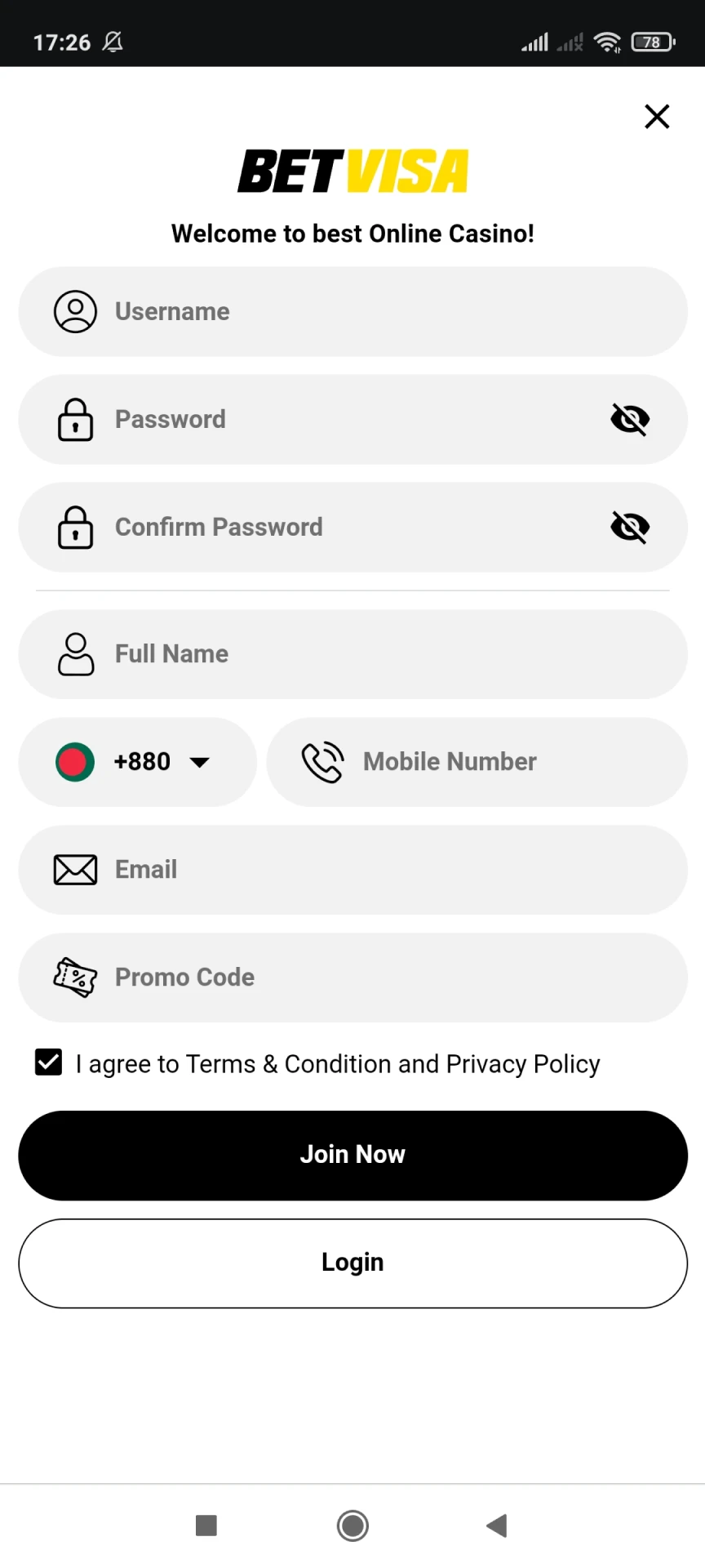 Register for the Betvisa iOS app.