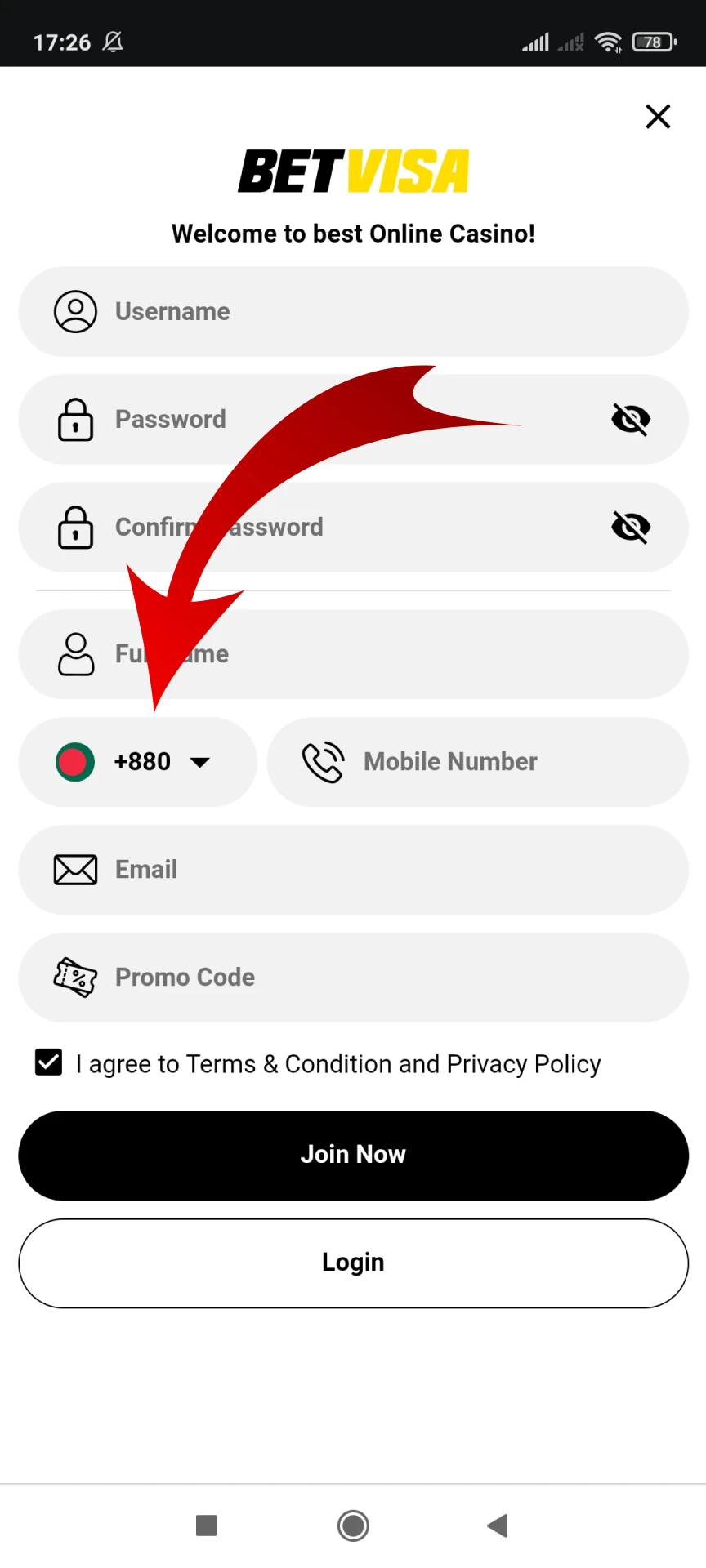 Select the required country when registering for the Betvisa application.