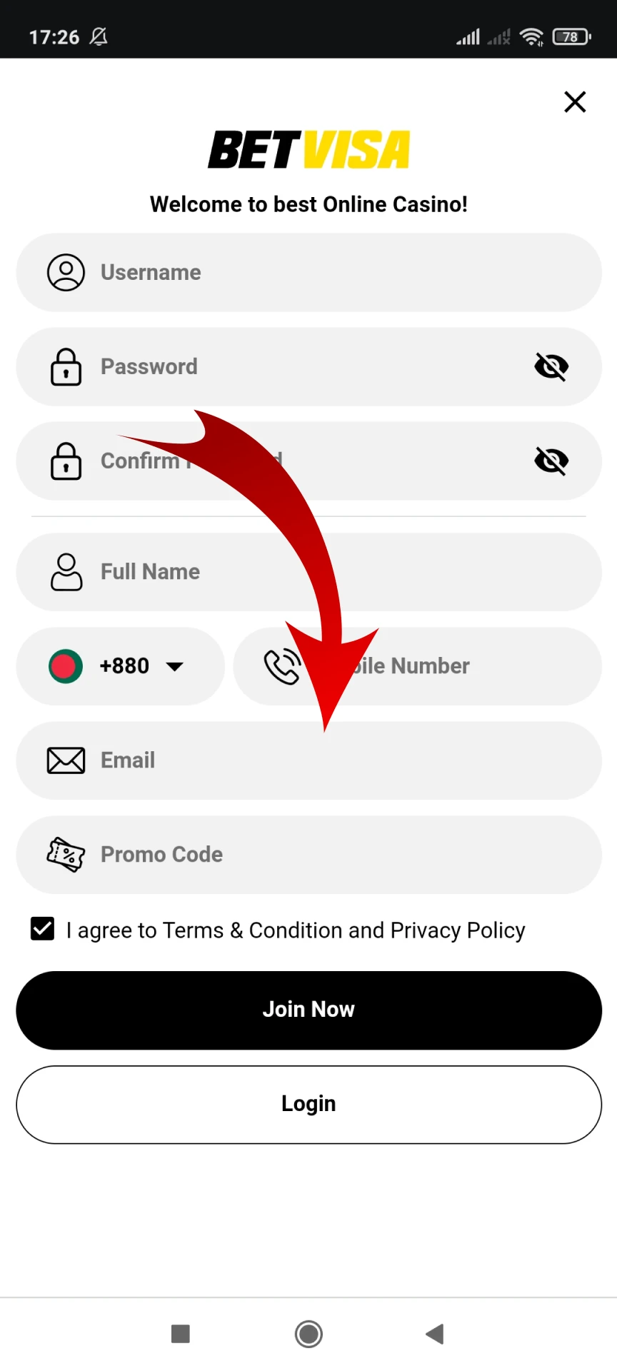 Fill in the remaining details when registering for the Betvisa application.