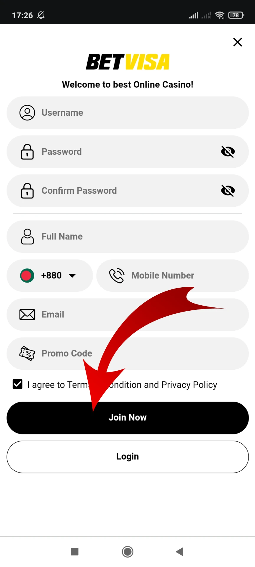 Complete the registration process for the Betvisa app.