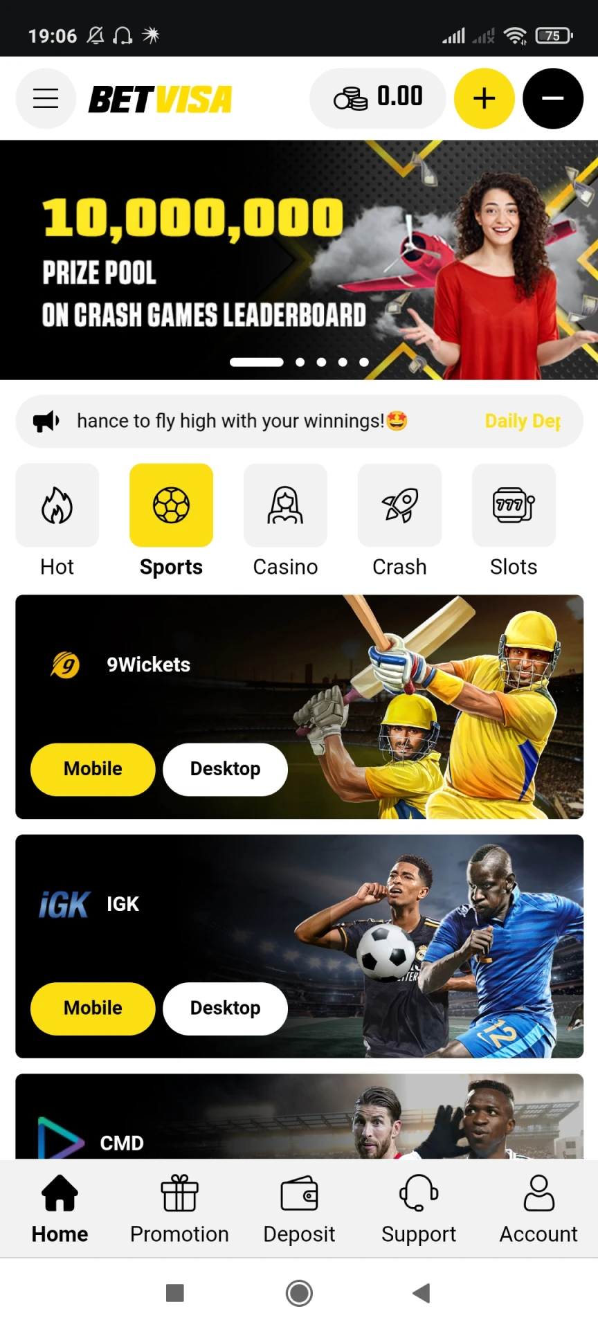 Visit the sports page of the Betvisa app.