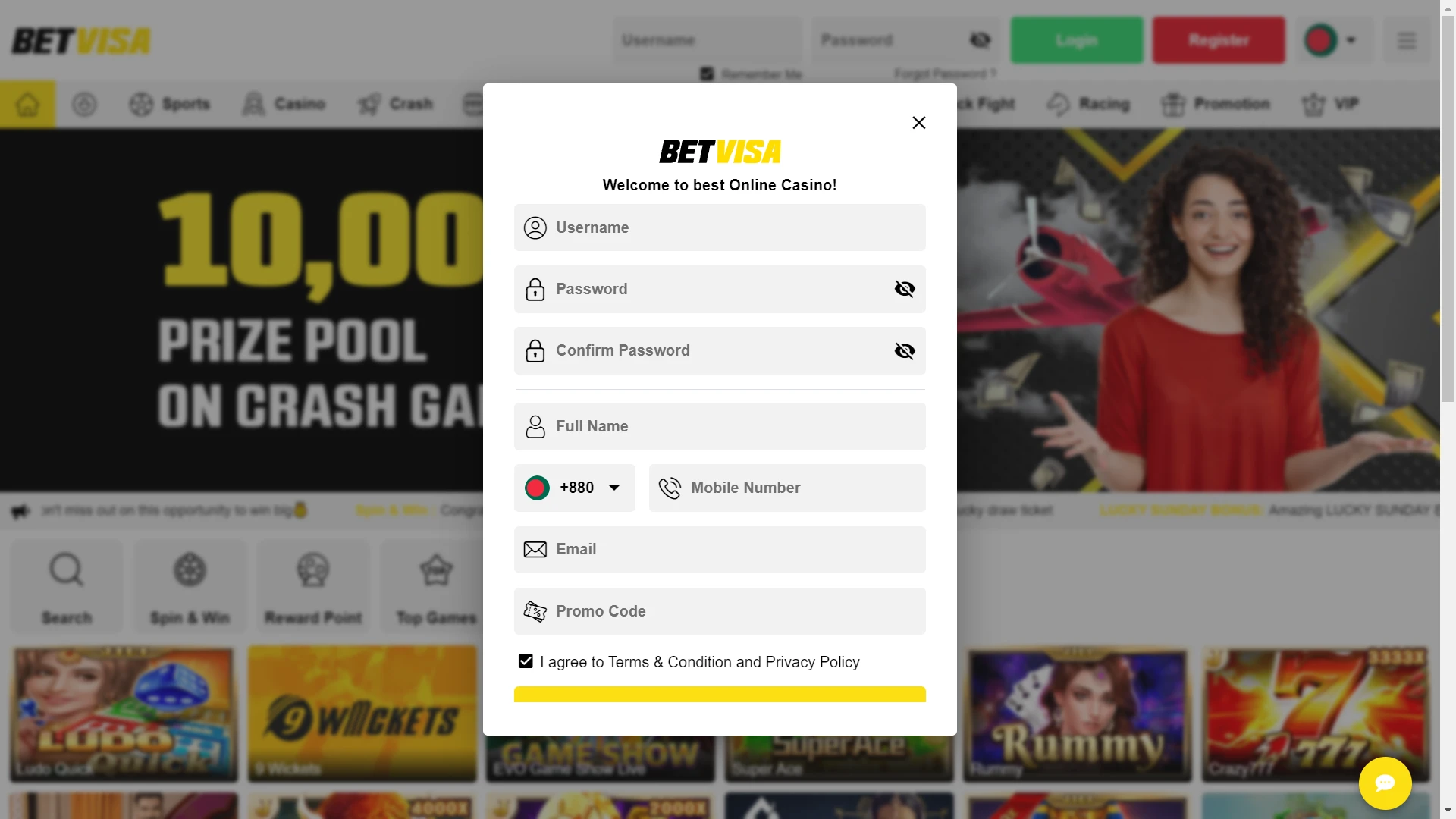 Fill in the details in the registration window on Betvisa.